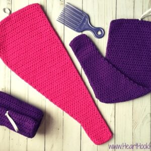 Hair Towel with a Twist crochet pattern in pink and purple colorways.