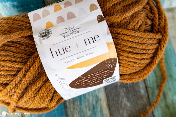 A skein of Hue + Me yarn from Lion Brand in the “Arrowwood” colorway.