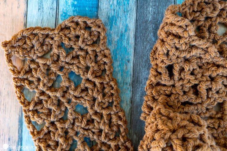 Up close sample of the Afternoon Scarf crochet pattern in Hue + Me yarn from Lion Brand in the “Arrowwood” colorway.