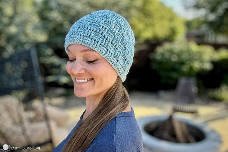blue basketweave stitch crocheted beanie
