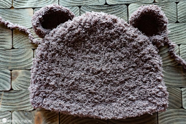 Chocolate brown example of the Bear-ly Scary Beanie crochet pattern.