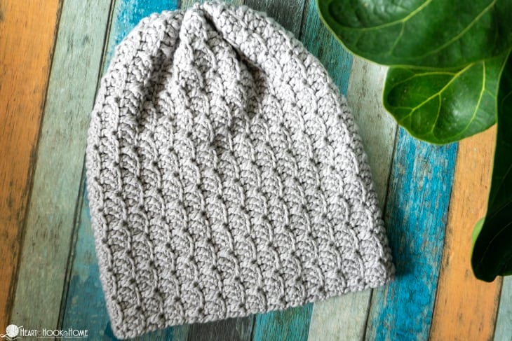 Example of the Bricktown Slouch Beanie crochet pattern in a Bunny colorway of Snuggle Puff yarn from WeCrochet.
