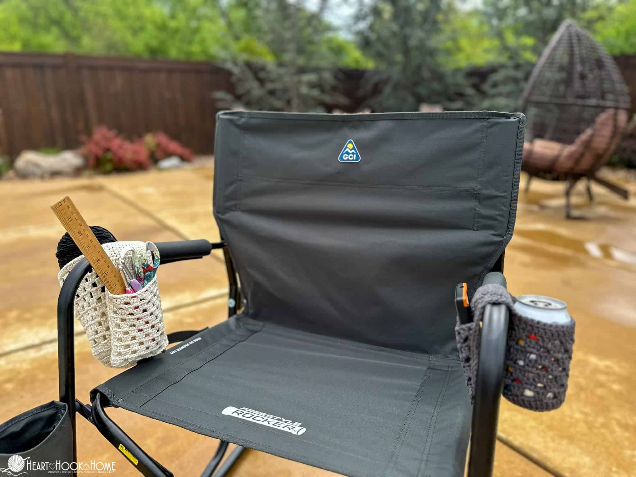 Camping chair with crochet cozies