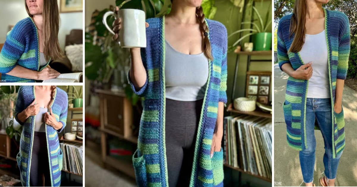 Female model wearing The Hedonist's Housecoat, in a green and blue colorway, holding a coffee cup.