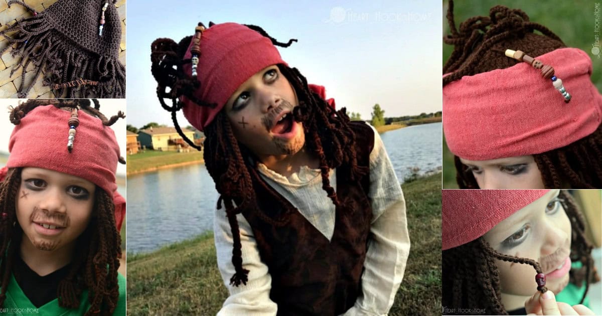 Pirate themed Halloween Wig crochet pattern on a small male child dressed up as a pirate near a pond.