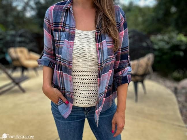 cream crochet tank top with button up shirt