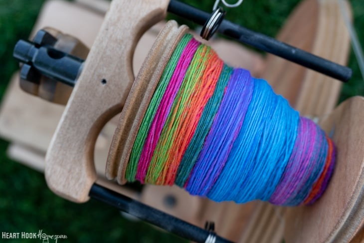 colorful spinning yarn on spinning wheel
