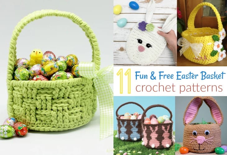 Collage of crocheted Easter baskets and other Easter items.