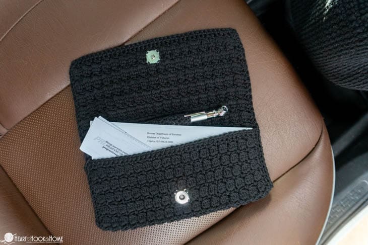 Glove Box Organizer crochet pattern example with papers inserted.