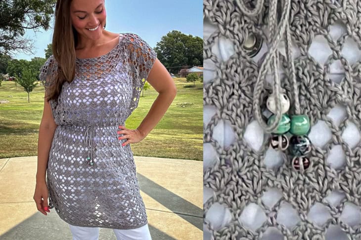 Smiling female model wearing an example of the Shell Yeah! Tunic crochet pattern in Comfy Fingering yarn in the “Whisker” colorway in a park setting and a close up showing an I-cord with beads.