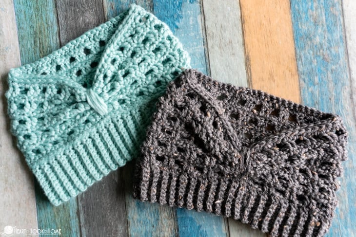 Teal and dark gray examples of the Off The Grid Ear Warmer crochet pattern.