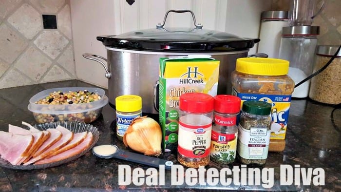 All of the ingredients collected near a crock pot for the Slow Cooker 10 Bean Ham & Beans recipe.