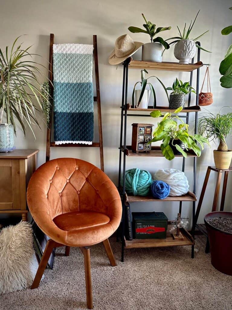 Home area with yarn, crochet examples, and plants