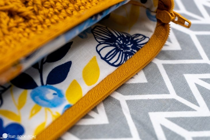 sewing a lining into a crocheted bag