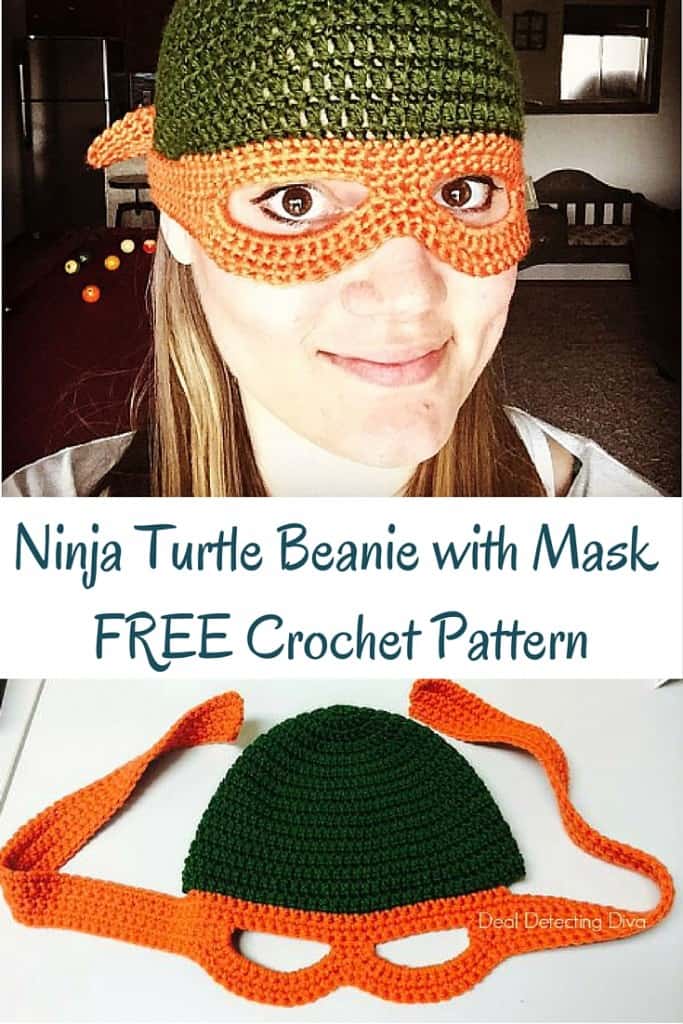 Smiling female model wearing an example of the Ninja Turtle Child's Beanie with Mask crochet pattern.