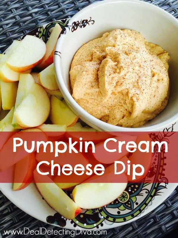 Example of the Pumpkin Cream Cheese Dip recipe in a white bowl next to apple slices.