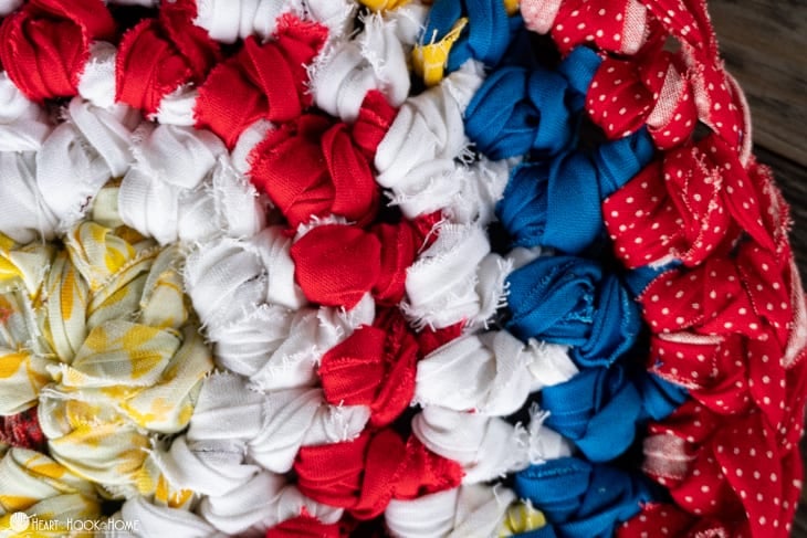 Red, white, blue, and yellow colorway example of the Rag Rug crochet pattern.