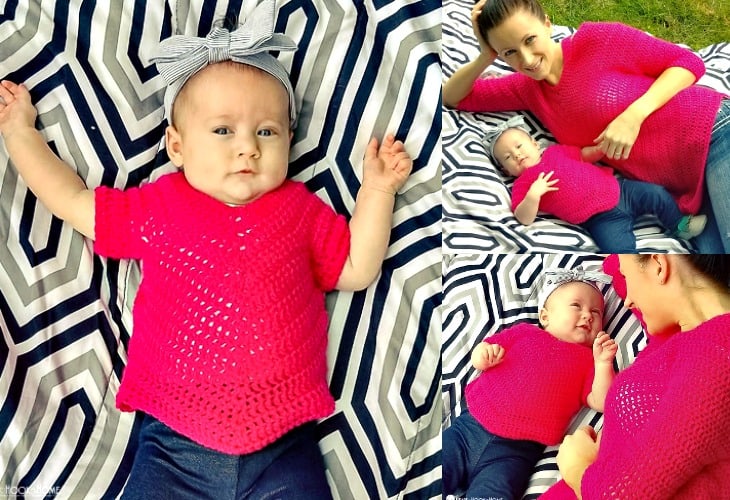 Fuchsia example of the 3/6 month size of the On Point Poncho crochet pattern on a small baby laying on a blanket.