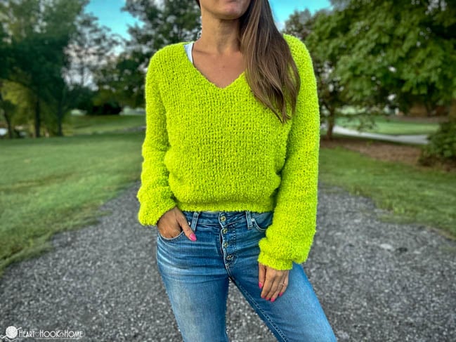 bright green crochet sweater v-neck