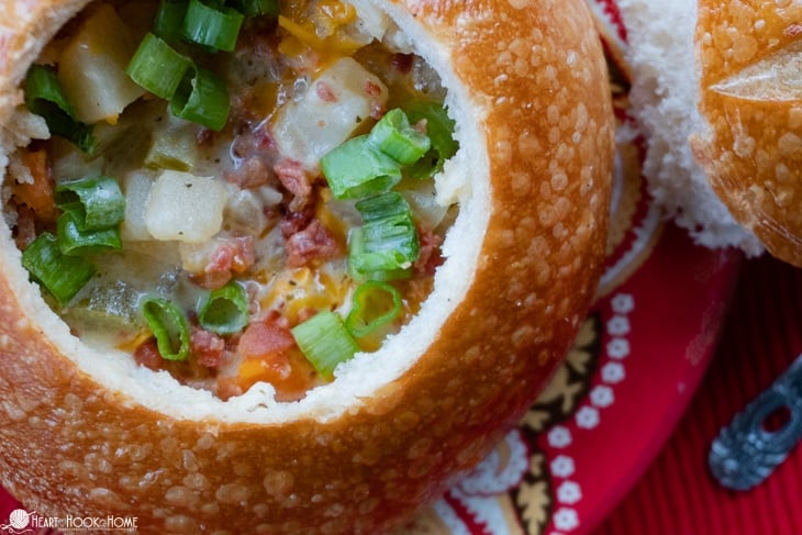 Example of the Easy Slow Cooker Potato Soup recipe in a bread bowl.
