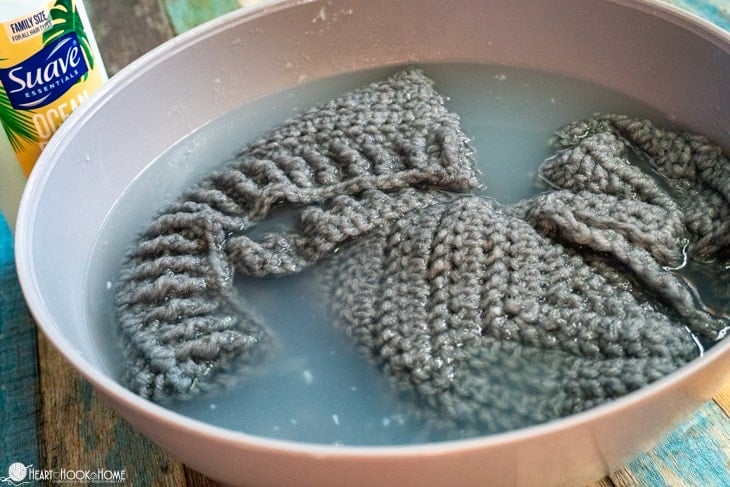 Crochet sample soaking in conditioner