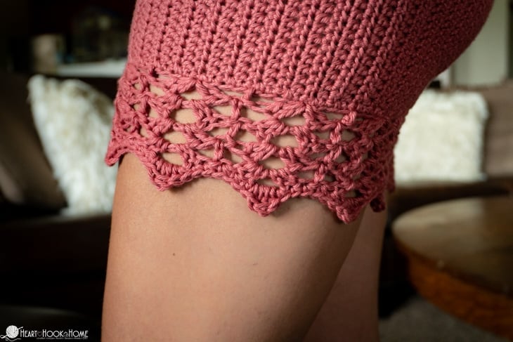 Up close of a peony colorway of the Staycation Shorts crochet pattern.