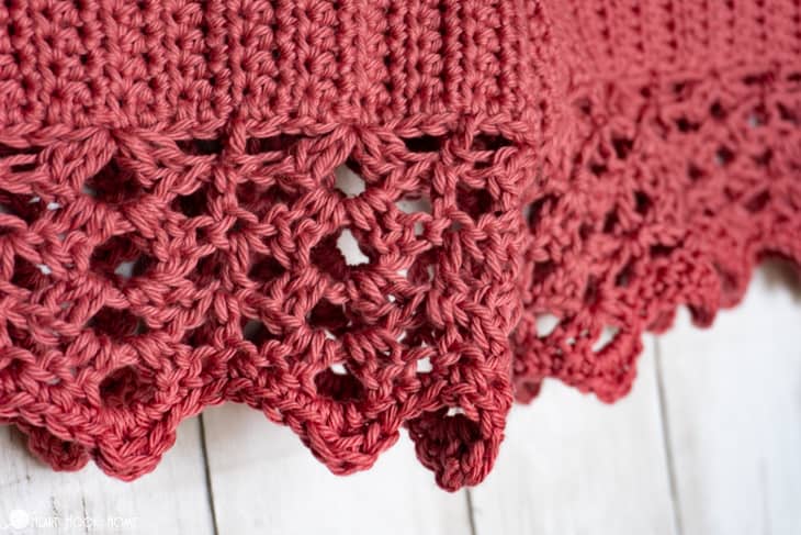 Up close of the trim on a peony colorway of the Staycation Shorts crochet pattern.