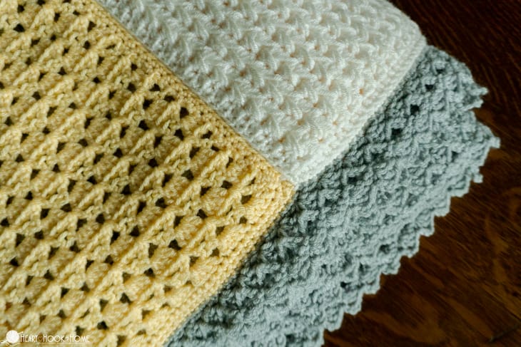 Silver, white, and gold example of the Crochet Stitch Sampler Afghan Pattern.