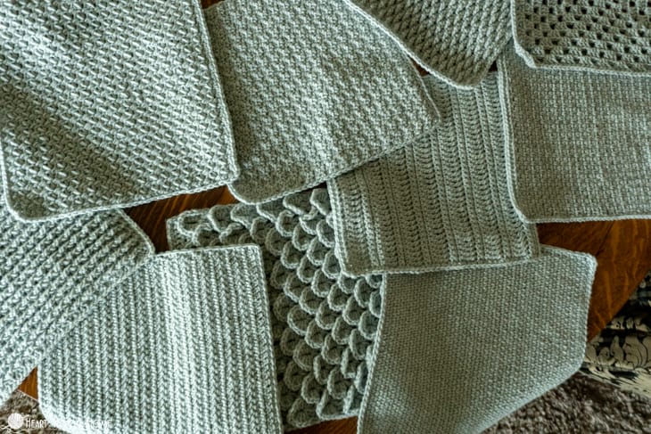 Silver square samples for the Crochet Stitch Sampler Afghan Pattern.