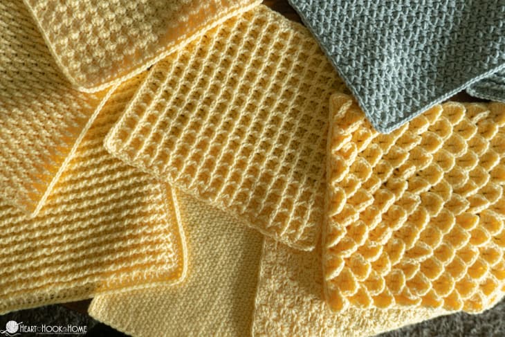 Gold and silver square samples for a Crochet Stitch Sampler Afghan Pattern.