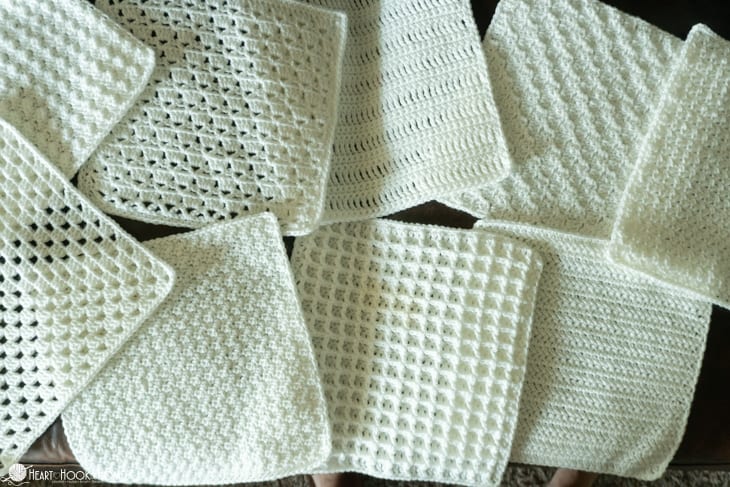White square samples for a Crochet Stitch Sampler Afghan Pattern.