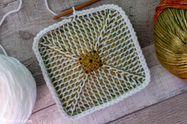 green and white tunisian crochet granny square