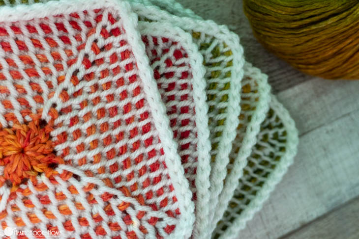 Multiple colored examples of the Tunisian Crochet Granny Square pattern.