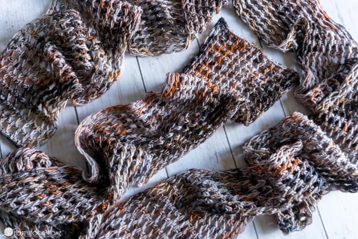 Sample of the Seattle Scarf crochet pattern in a neutral toned colorway.