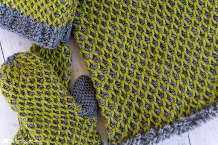 Tunisian “Smock it to Me” Crochet Set in Avocado and Cobblestone Heather colorways of Brava worsted and bulky yarn.