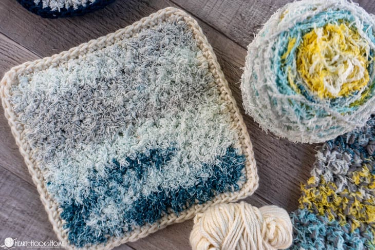 grey and blue scrubby yarn dishcloth