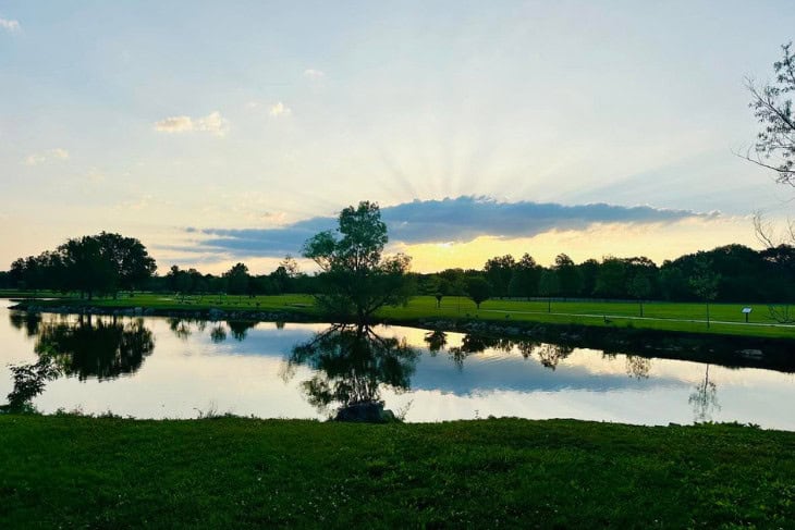 Pretty pond surrounded by green grass and trees with a sunrise cloud mirrored in the water.