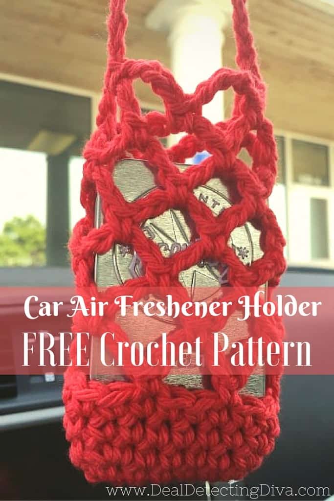 Red example of the Scentsy Travel Tin Air Freshener Holder For Cars crochet pattern.