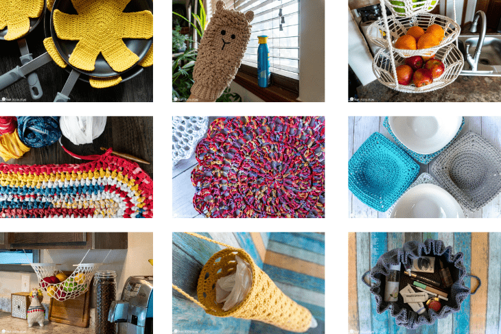 Collage of the 2021 Crochet Household Series Patterns including Pan Protectors crochet pattern in yellow between black pans, the Llama Dusting Mitt crochet pattern in tan near a window with dusting spray, Hanging Baskets crochet pattern in white with oranges and apples laying in it, red, yellow, blue, and white colored Rag Rug crochet pattern, multicolored version of the Outdoor Table Mat crochet pattern, gray and teal versions of the Quick and Easy Microwave Bowl Cozy crochet pattern with a white bowl in two of them, white Fruit Hammock crochet pattern hanging from the underside of a cabinet with apples, oranges, and limes in it, gold colored Plastic Bag Holder and Dispenser crochet pattern on a multicolored wood background, dark gray version of a Drawstring Cosmetics Bag crochet pattern partially open with makeup inside on a multicolored wood background..