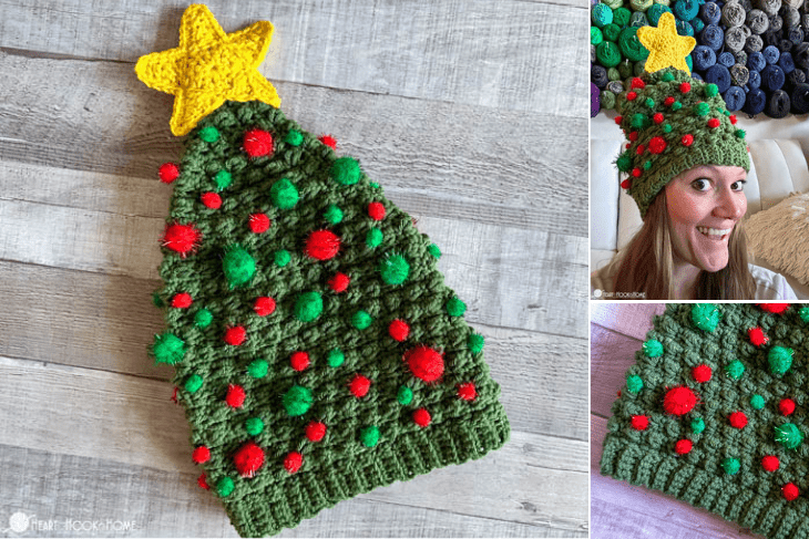 Collage of examples of the Ugly Christmas Beanie Free Crochet Pattern.
