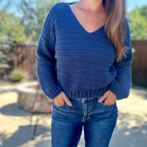 blue v neck crochet sweater