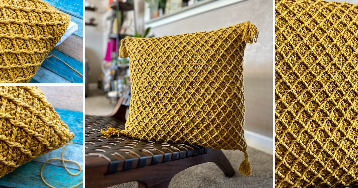Gold example of the Diamond Pillow Cover crochet pattern.