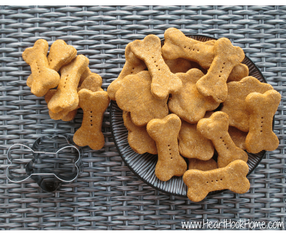 Examples of the Easy Homemade Pumpkin Dog Biscuits recipe on a plate with bone shaped cookie cutters next to it.