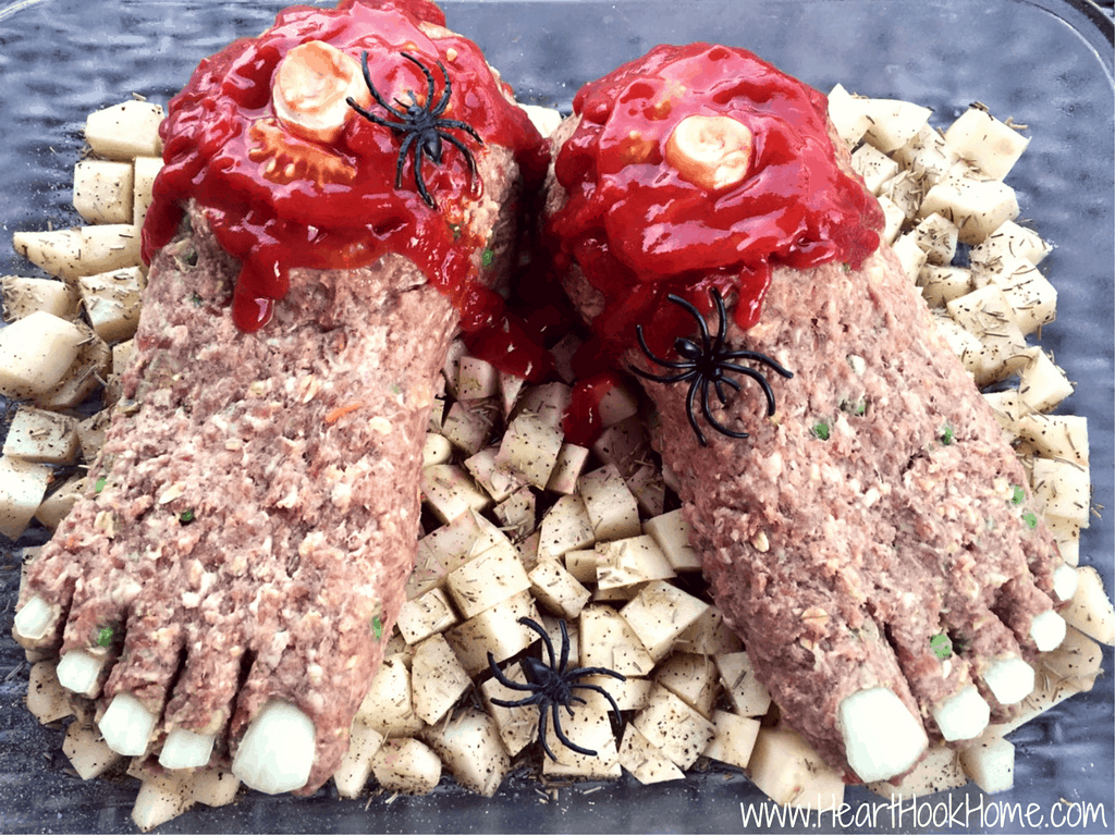 Example of Feet-loaf Meatloaf recipe over potatoes.