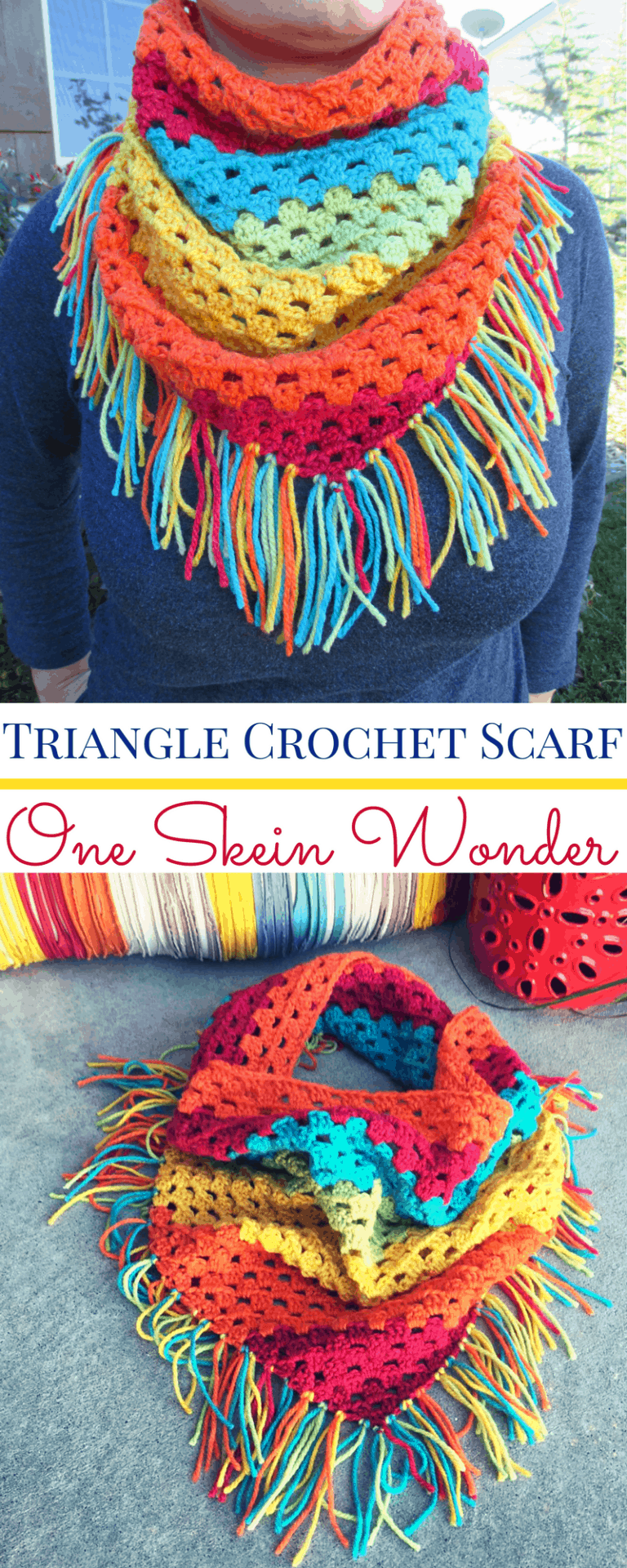 Triangle Crochet Scarf with Fringe (Using Caron Cake Yarn)