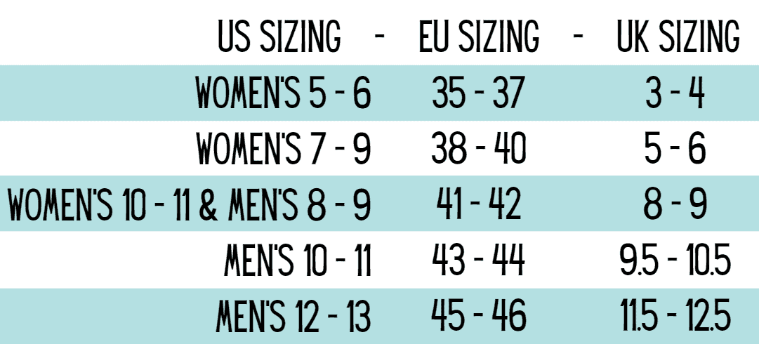 Crochet sock sizing chart