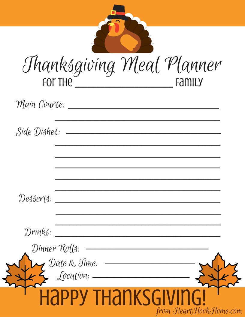 Sample of the free printable Thanksgiving Meal Planner.