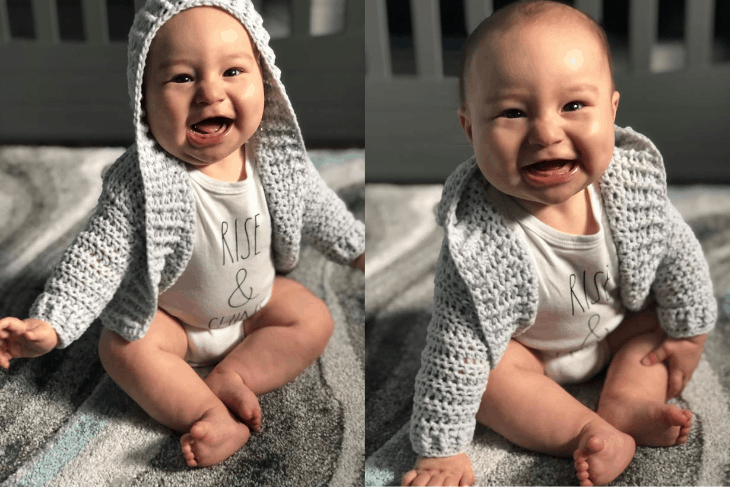 Smiling baby wearing a gray colorway example of the Painted Canyon Cardigan in size 6 months.